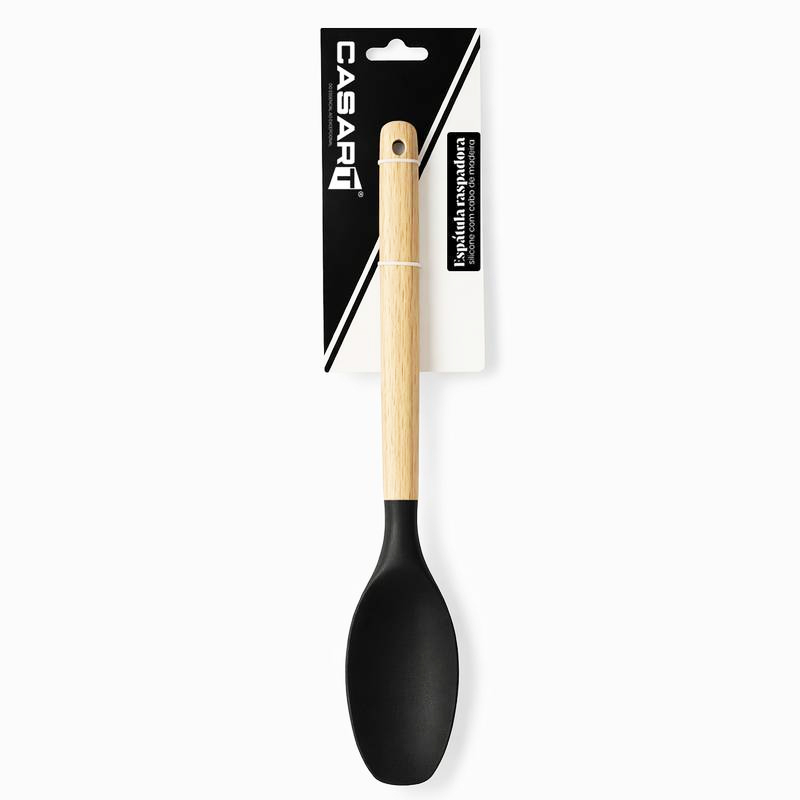 Colher de Silicone Rasa com Cabo de Madeira